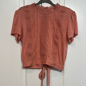 Self Esteem Orange Blouse with Puff Sleeves and Tie Front